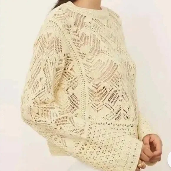 VINCE LACE PATCHWORK PULLOVER ORGANIC COTTON SWEATER IN PALE LEMON MEDIUM - Picture 3 of 5